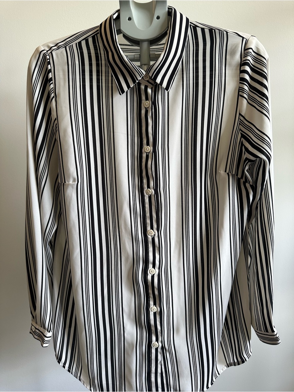 Women's Black & White Vertical Stripe Button Front Blouse